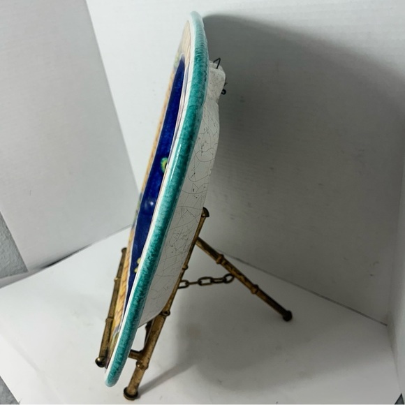 Vintage Italian Handpainted Stoneware Serving Dish Wall Hanging Floral Birds - Picture 4 of 6